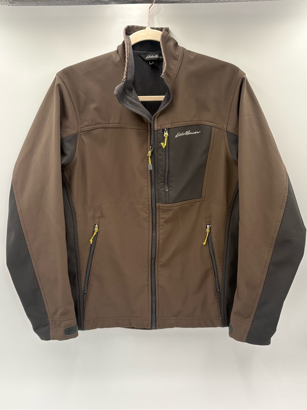 Eddie Bauer Mens Soft Shell Jacket Small Brown Gray Fleece‎ Lined Full Zip